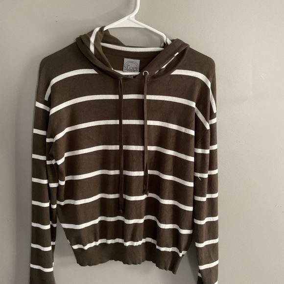 Slope army green and white stripped sweater with attached hoodie - Picture 1 of 3